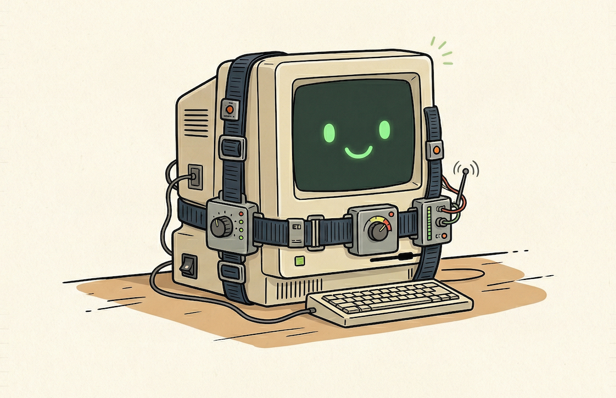 Illustration of a retro computer wearing a harness with monitoring instruments and a friendly face on screen
